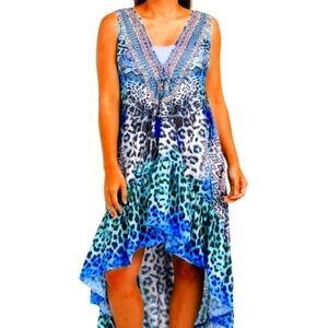 TRUE COLOURS By La Moda Blue Cat Vibrant HiLo Maxi Resort Dress Coverup NWT